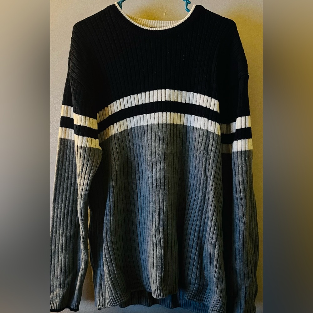 Faded Glory Men's Striped Crewneck Sweater - Black, White, and Gray
